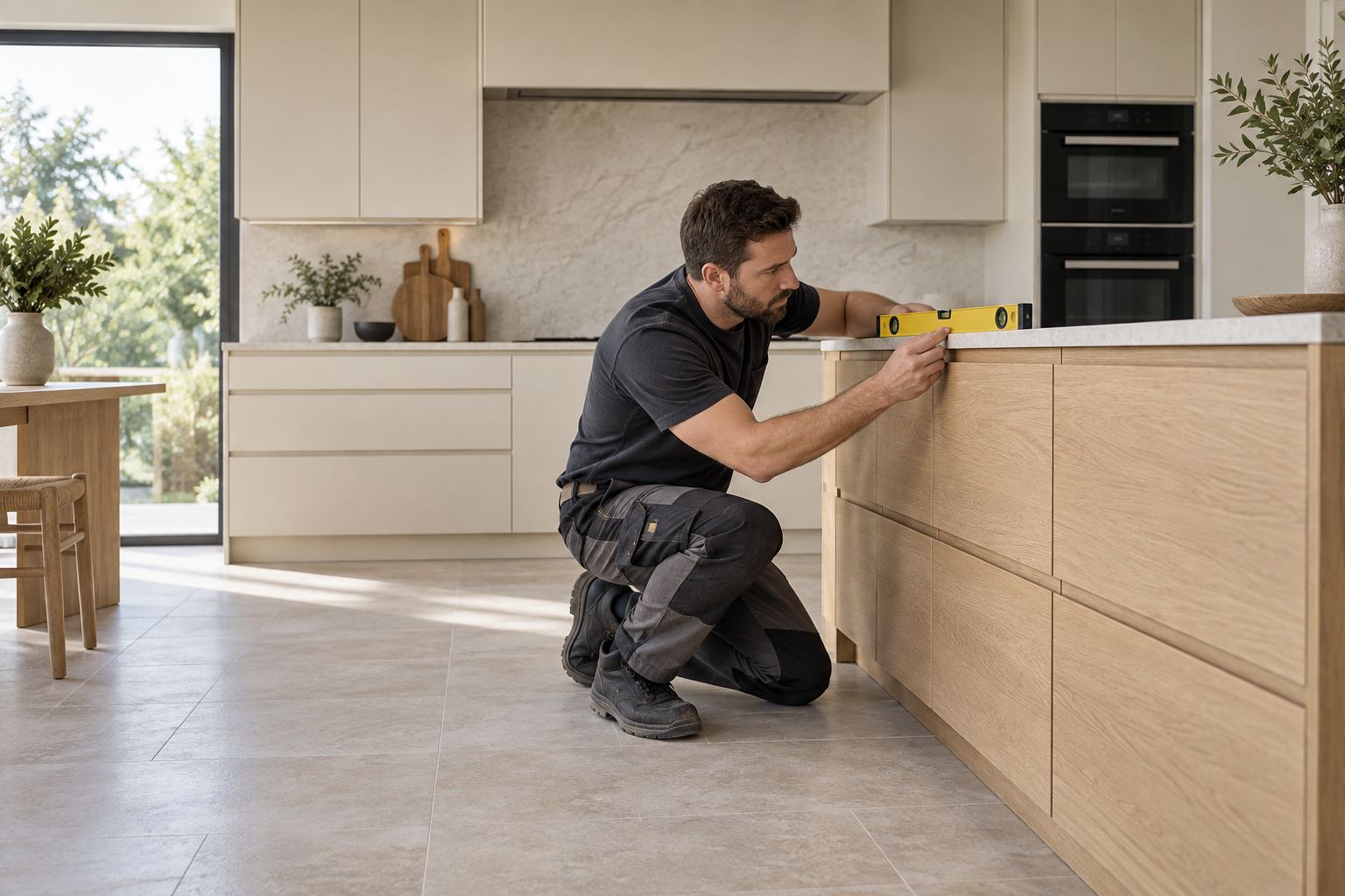 Checking the alignment of installed cabinetry